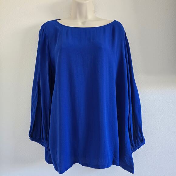 Eileen Fisher 100% Silk Split Sleeve Blouse Top Size L Royal Blue Relaxed Fit - Picture 3 of 9